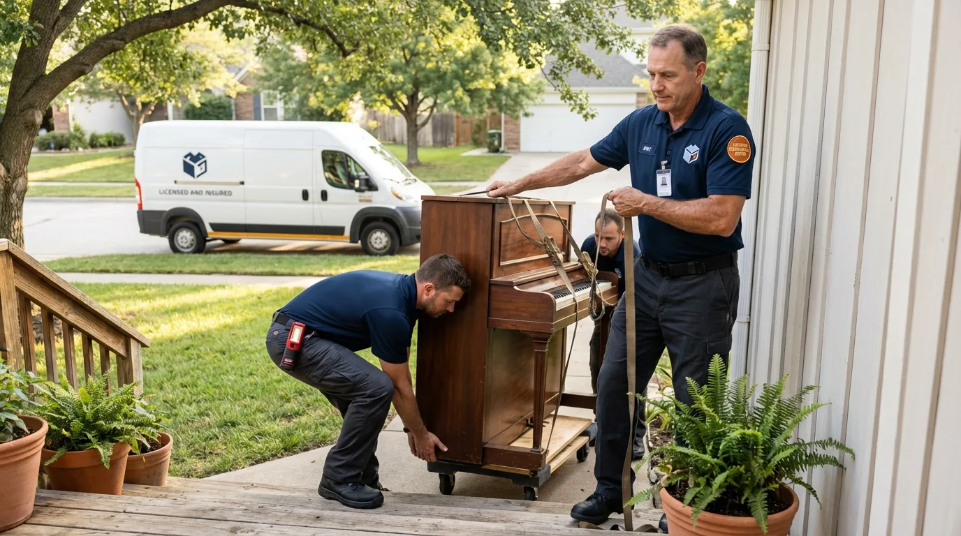 Licensed piano movers securing grand piano in South Sioux City, NE