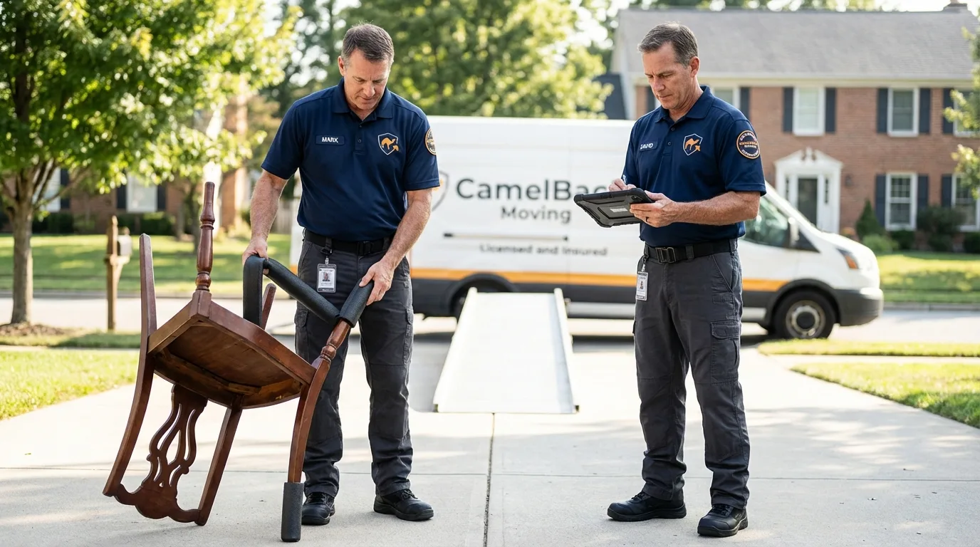 Movers inspecting furniture for damage prevention before loading in South Sioux City, NE