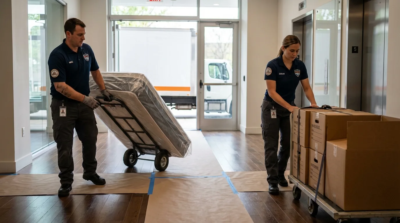 Professional apartment movers loading elevator in South Sioux City, NE