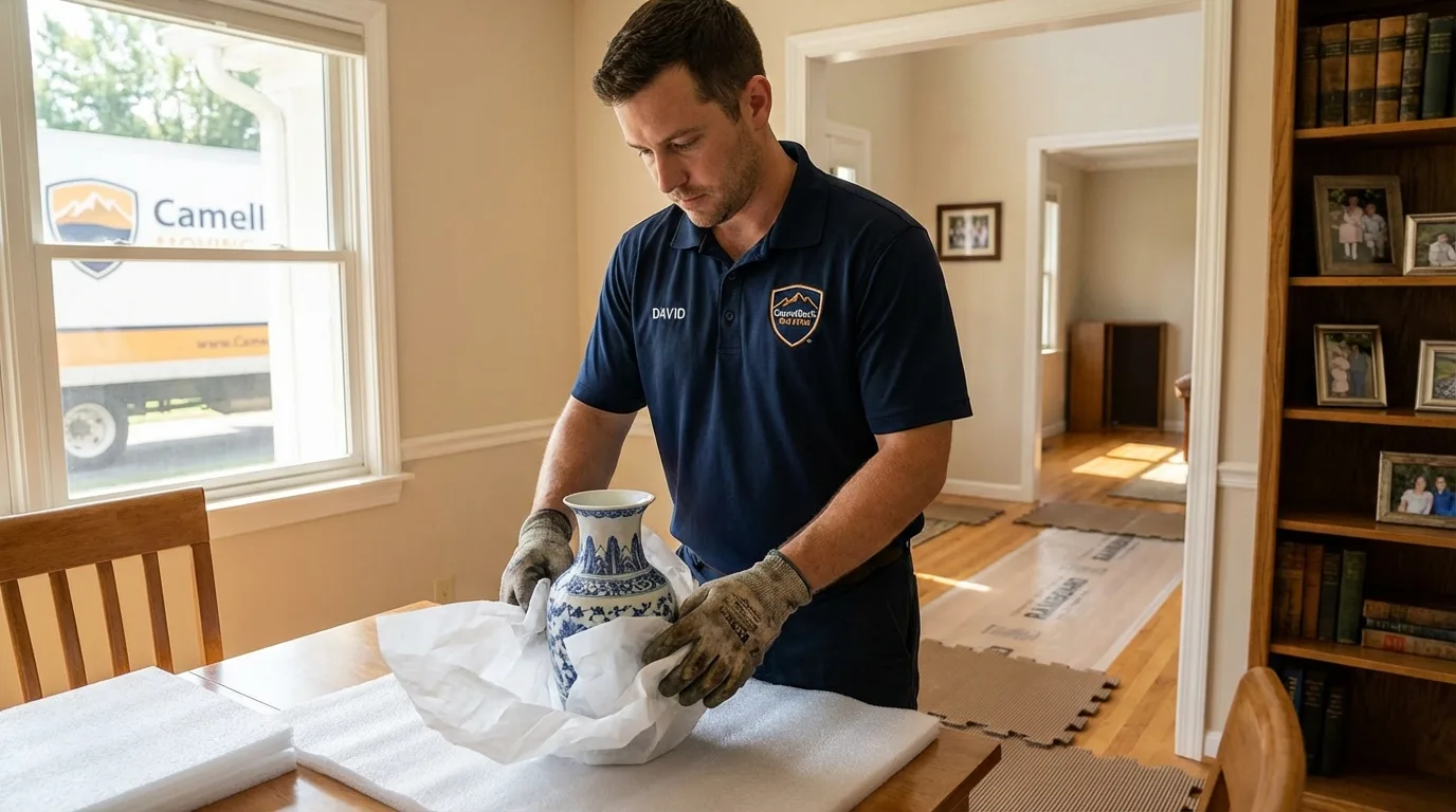 Professional crew carefully wrapping antique vase for senior downsizing move in South Sioux City, NE